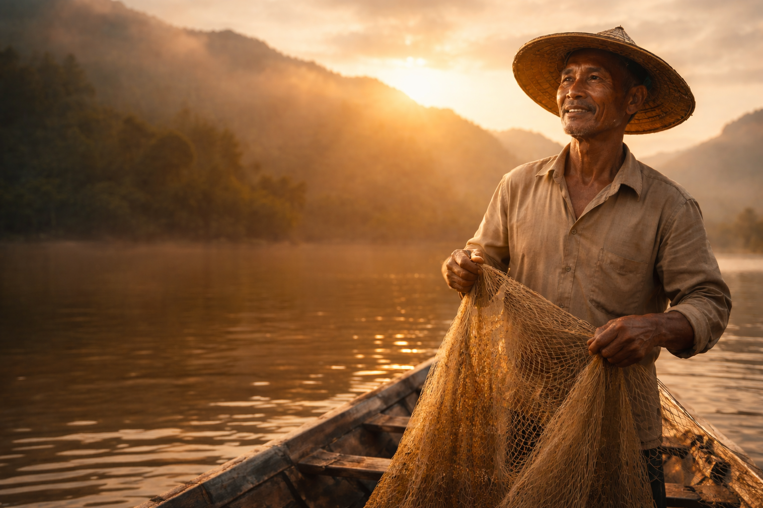 Local fisherman preparing his net at sunrise on a calm lake surrounded by mountains, representing authentic travel storytelling.